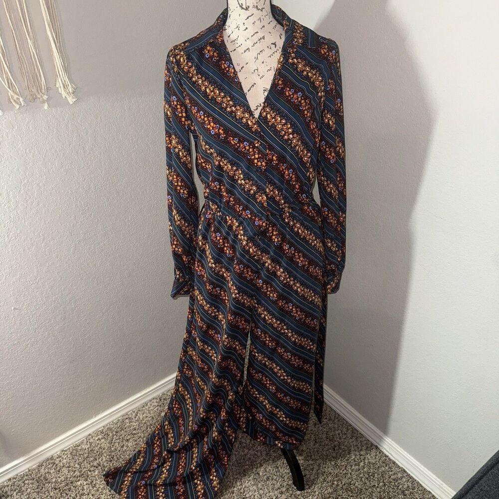 ModCloth Blue Floral Striped Maxi Wrap Jumpsuit Belted V-Neck Long Sleeve S